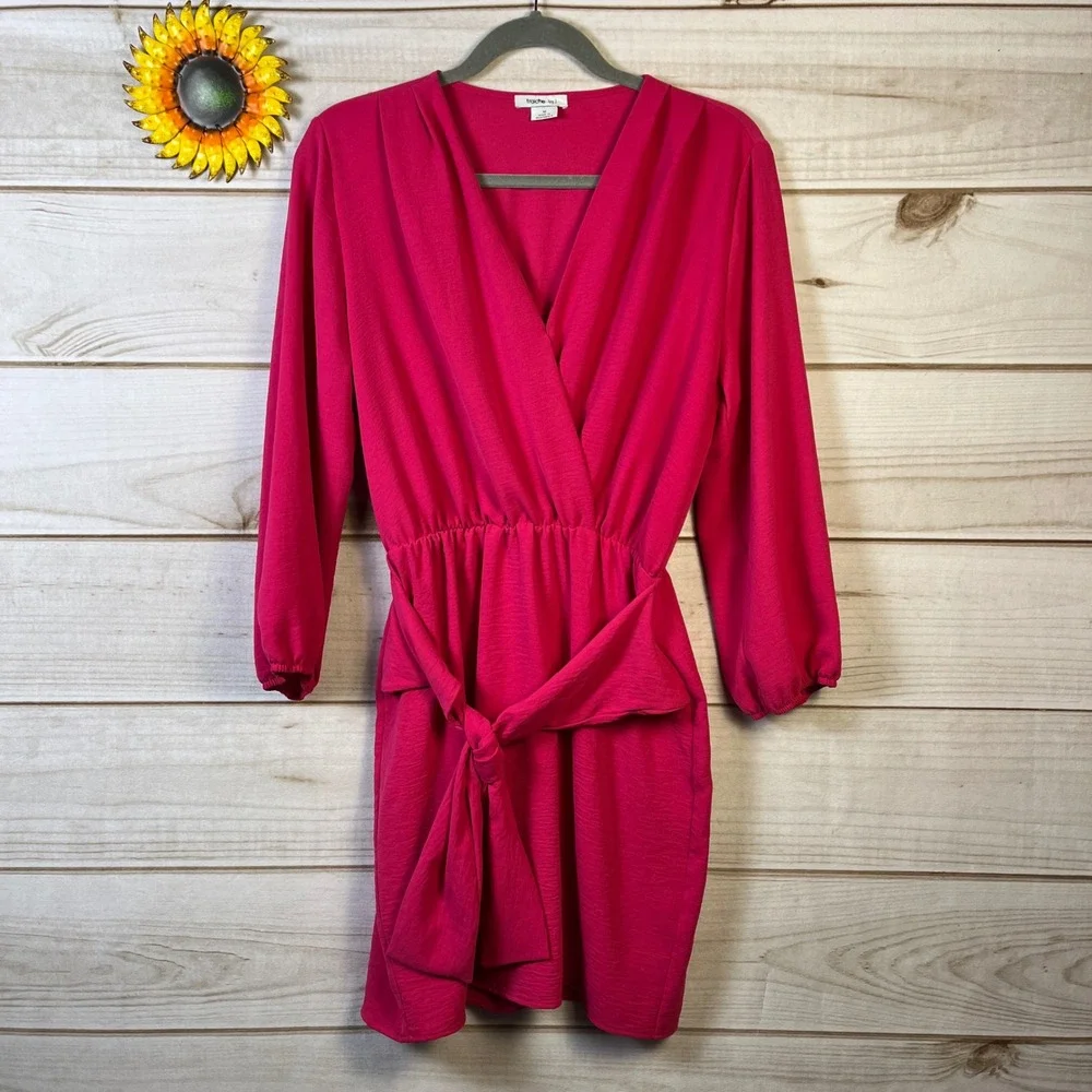 fraiche by j Womens Wrap Dress Pink V Neck Long Sleeve‎ Tie Waist ALine Size M